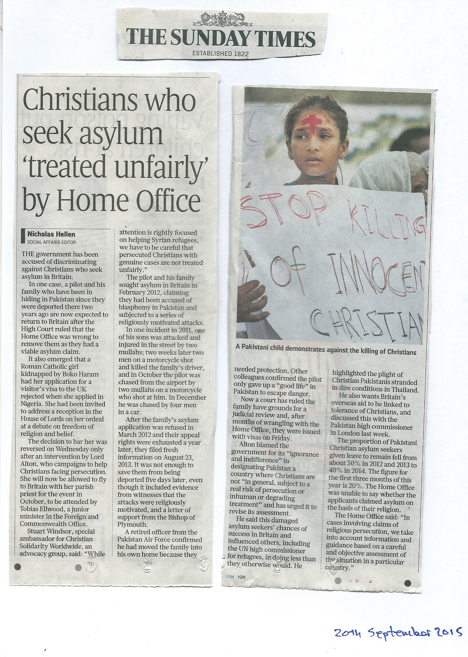 The Sunday Times - on the way in which the British home Office Treats Pakistani Christians