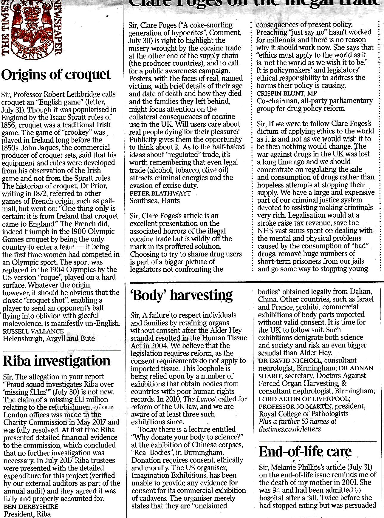 2018 August 2nd Body Harvesting letter to The Times