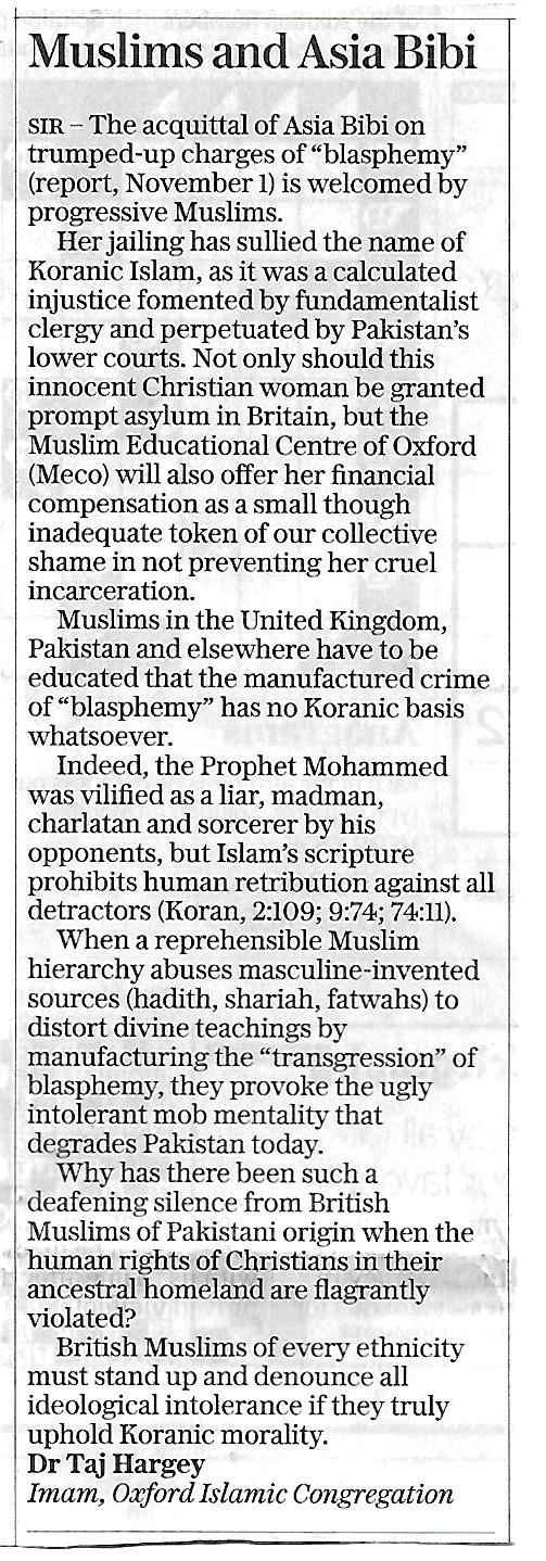Dr.Taj Hargey, Imam, Oxford Islamic Congregation, Letter to the Telegraph