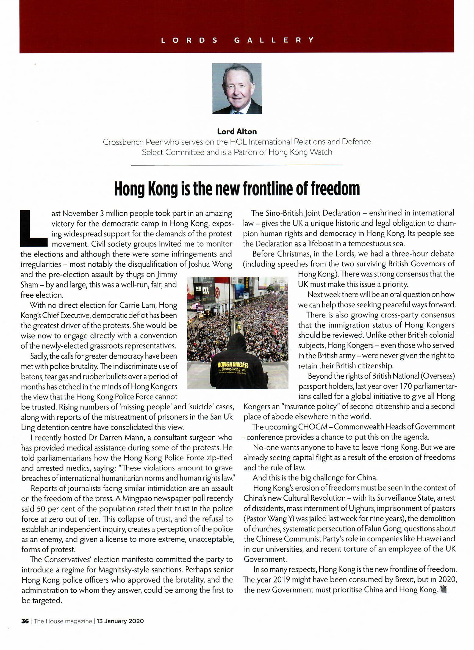 House Magazine Hong Kong the Frontline of Freedom Jan 14 2020